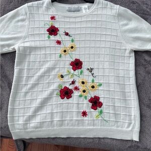 Alfred Dunner White Crew Neck Sweater with Floral Embroidery